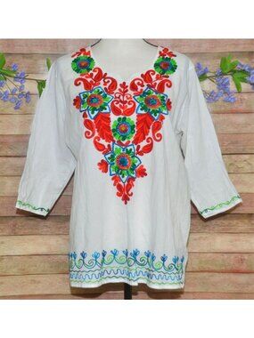 Royal Moda Mexican Embroidered Blouse Tunic Top One Size S M L 3/4 Sleeve